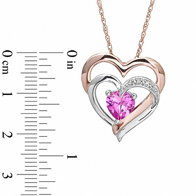 Main Image 2 of 7.0mm Lab-Created Pink Sapphire and Diamond Accent Double Heart Pendant in Sterling Silver with 14K Rose Gold Plate