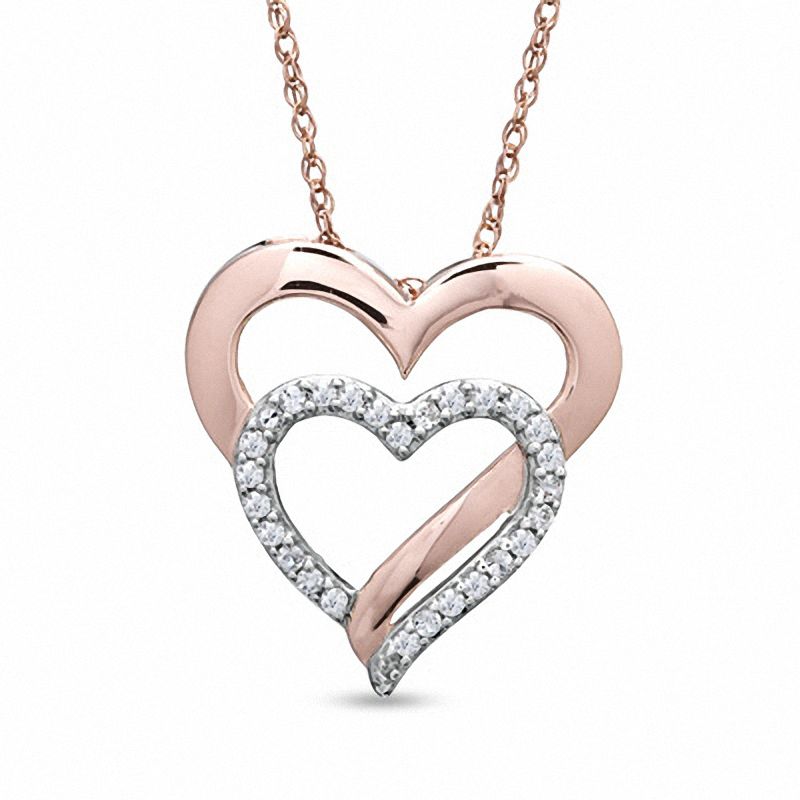 Main Image 1 of Lab-Created White Sapphire Double Heart Pendant in Sterling Silver and 14K Rose Gold Vermeil