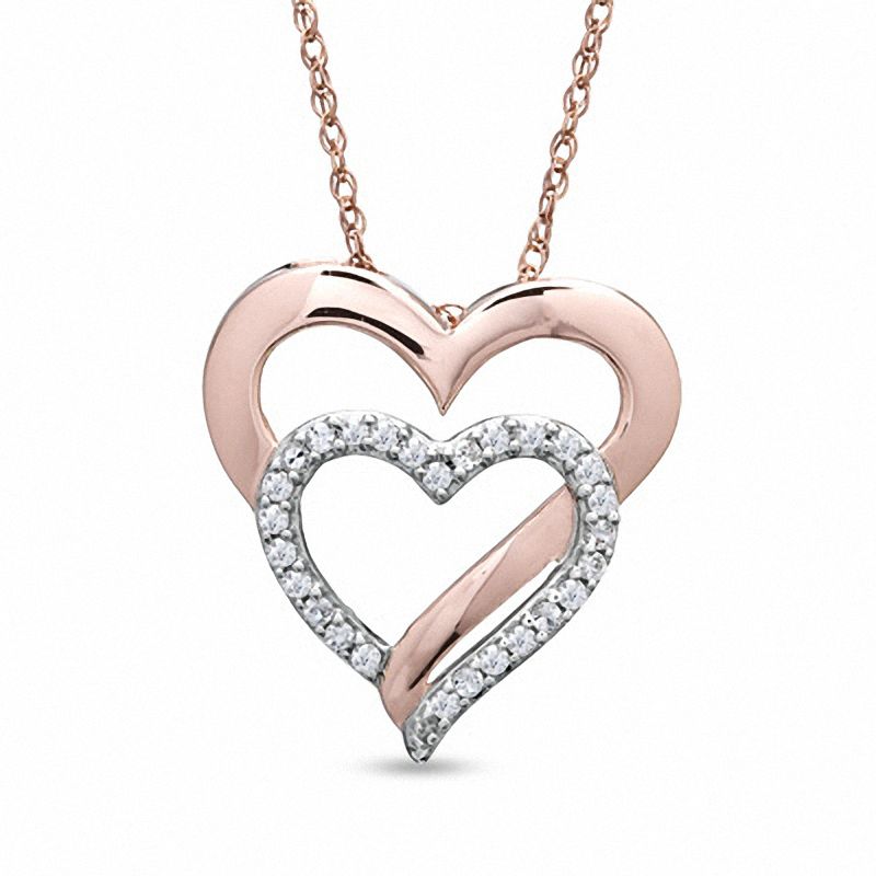 Lab-Created White Sapphire Double Heart Pendant in Sterling Silver and 14K Rose Gold Vermeil