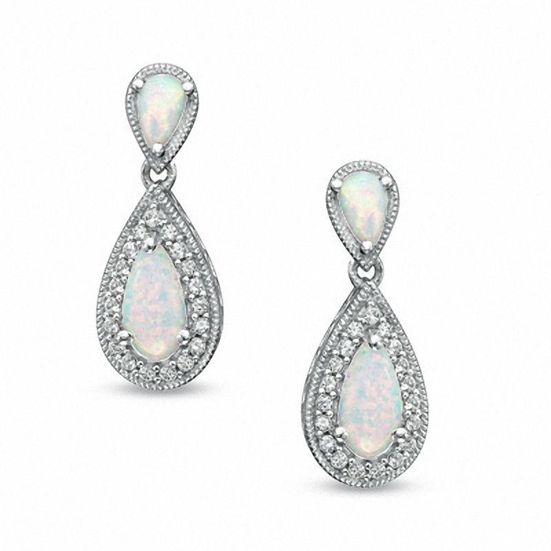 Main Image 1 of Pear-Shaped Lab-Created Opal and White Sapphire Drop Earrings in Sterling Silver