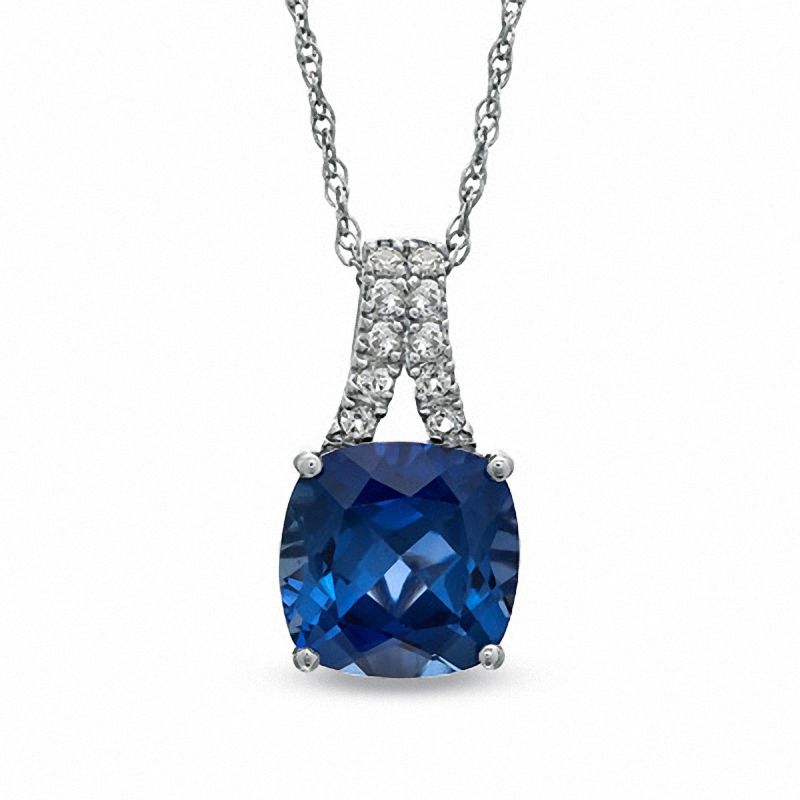 10.0mm Cushion-Cut Lab-Created Blue and White Sapphire Pendant in Sterling Silver