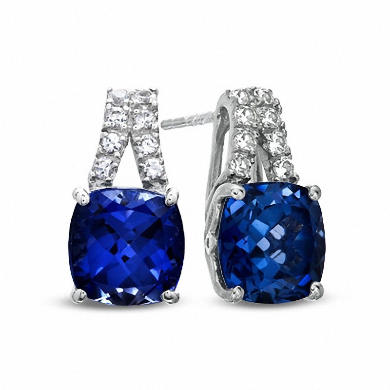 Main Image 1 of 8.0mm Cushion-Cut Lab-Created Blue and White Sapphire Earrings in Sterling Silver