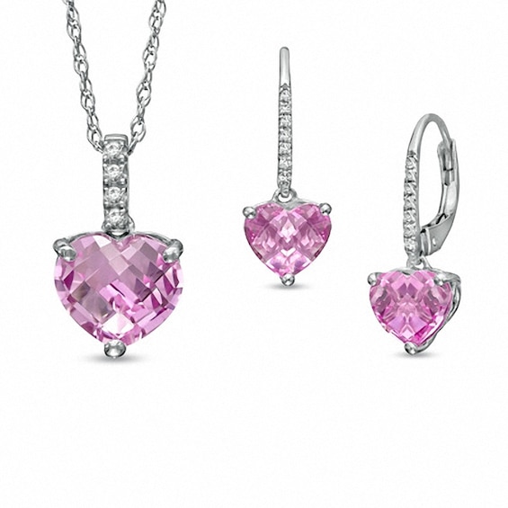 Heart-Shaped Lab-Created Pink and White Sapphire Pendant and Earrings Set in Sterling Silver