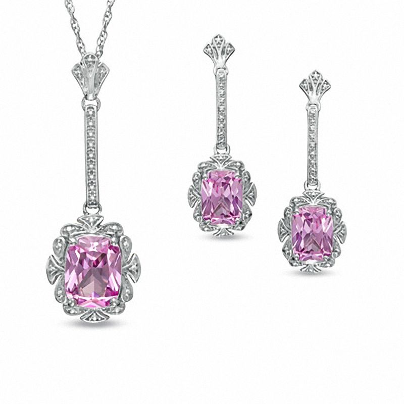 Main Image 1 of Cushion-Cut Lab-Created Pink Sapphire Pendant and Earrings Set in Sterling Silver