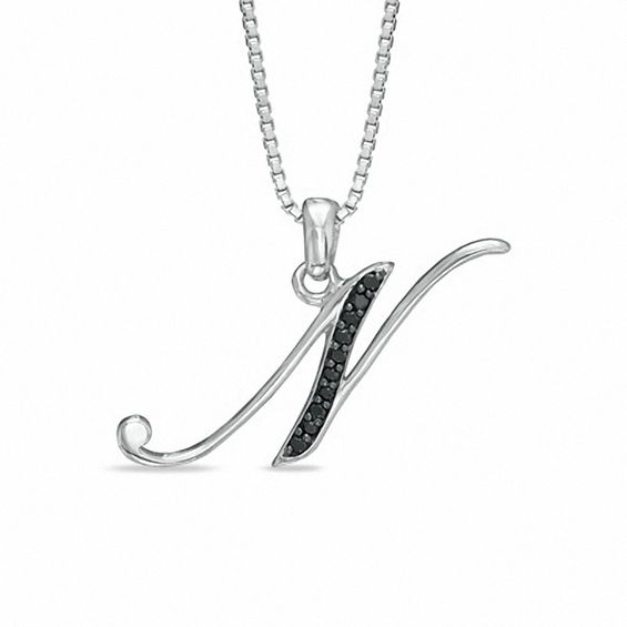 Black Diamond Accent "N" Initial Pendant in Sterling Silver