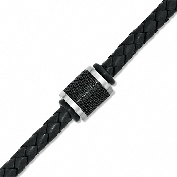 Men's Black Braided Leather and Stainless Steel Bead Bracelet