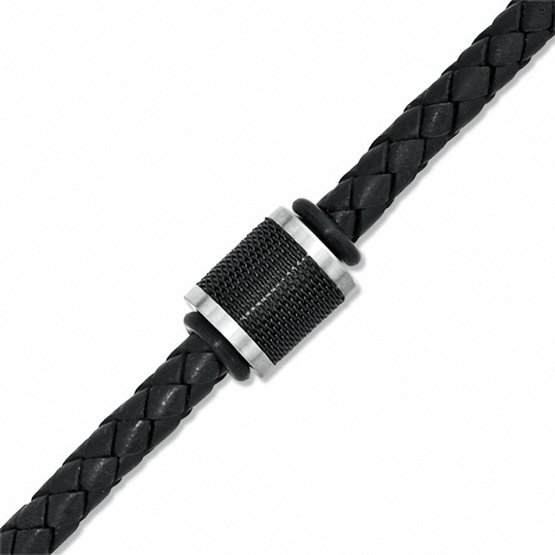 Main Image 1 of Black Braided Leather and Stainless Steel Bead Bracelet - 8.75"