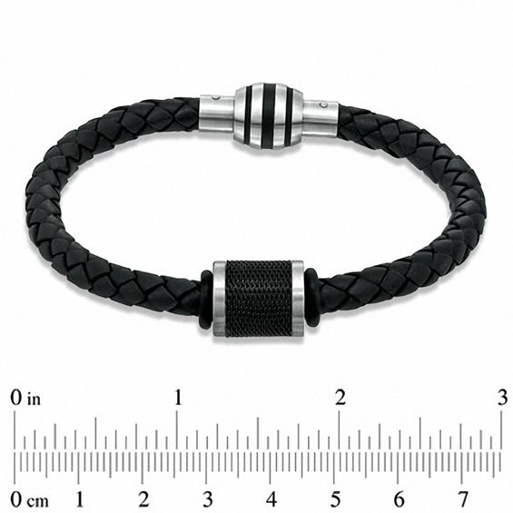 Black Braided Leather and Stainless Steel Bead Bracelet - 8.75"