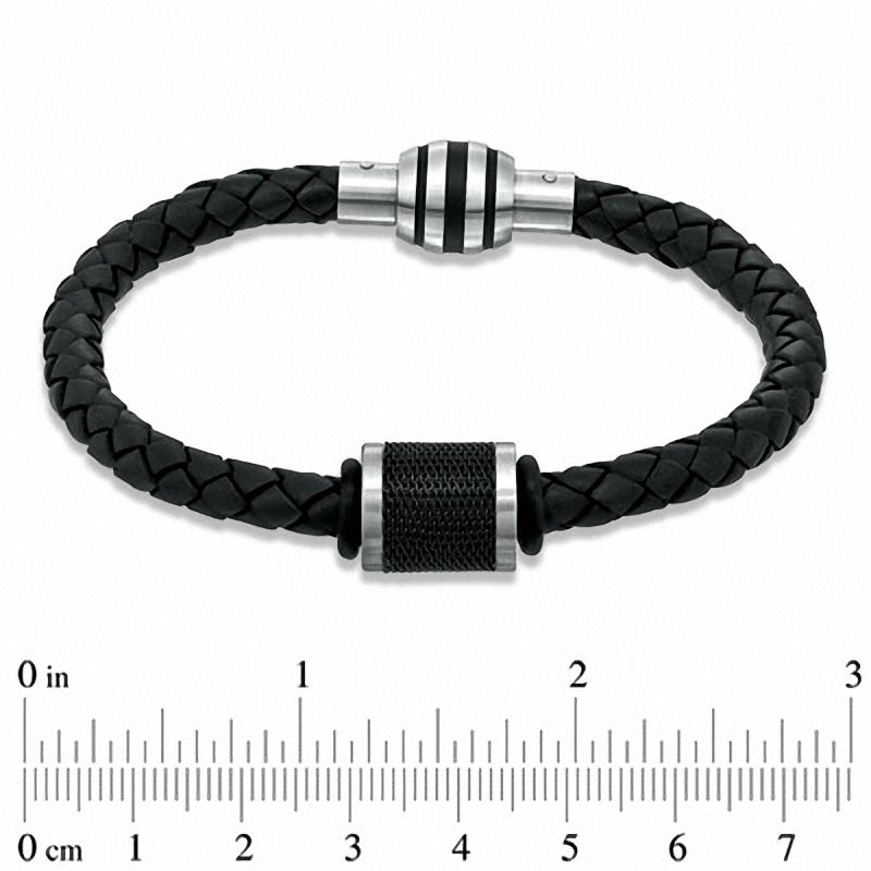 Main Image 2 of Black Braided Leather and Stainless Steel Bead Bracelet - 8.75"