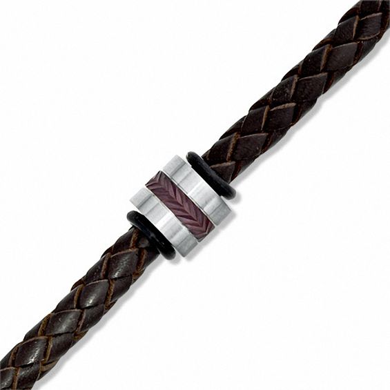 Brown Braided Leather and Stainless Steel Bead Bracelet