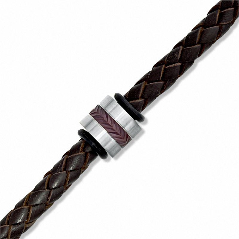 Main Image 1 of Brown Braided Leather and Stainless Steel Bead Bracelet - 8.75"