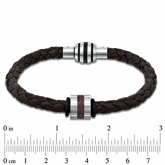 Brown Braided Leather and Stainless Steel Bead Bracelet