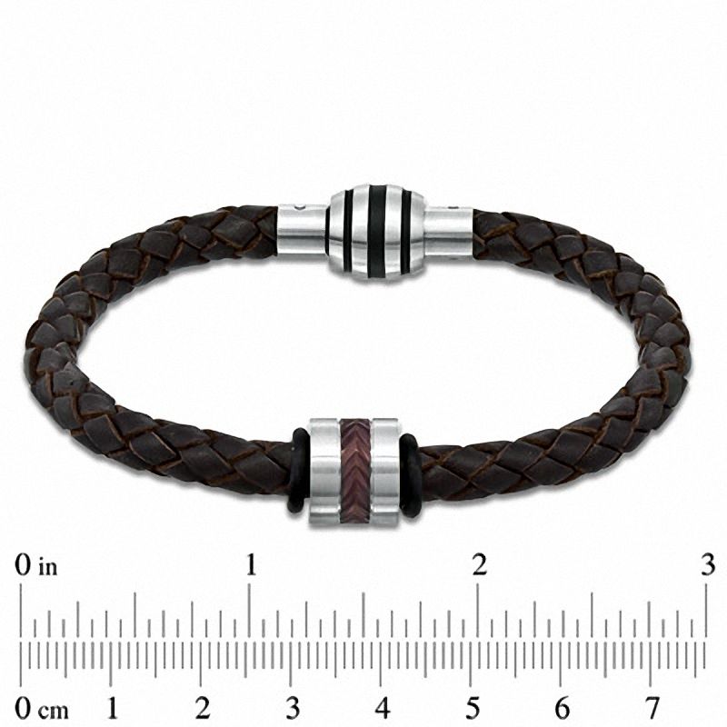 Main Image 2 of Brown Braided Leather and Stainless Steel Bead Bracelet - 8.75"