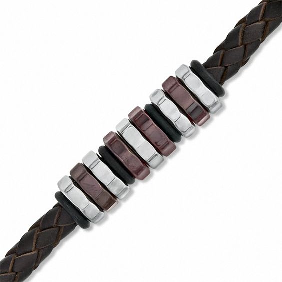 Brown Braided Leather and Two-Tone Stainless Steel Disc Bead Bracelet - 8.75"