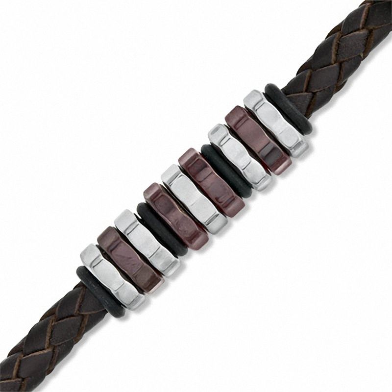Main Image 1 of Brown Braided Leather and Two-Tone Stainless Steel Disc Bead Bracelet - 8.75"