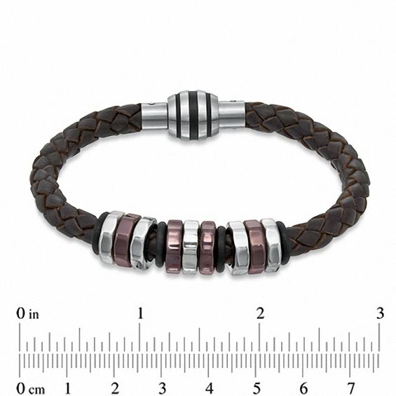 Brown Braided Leather and Two-Tone Stainless Steel Disc Bead Bracelet - 8.75"