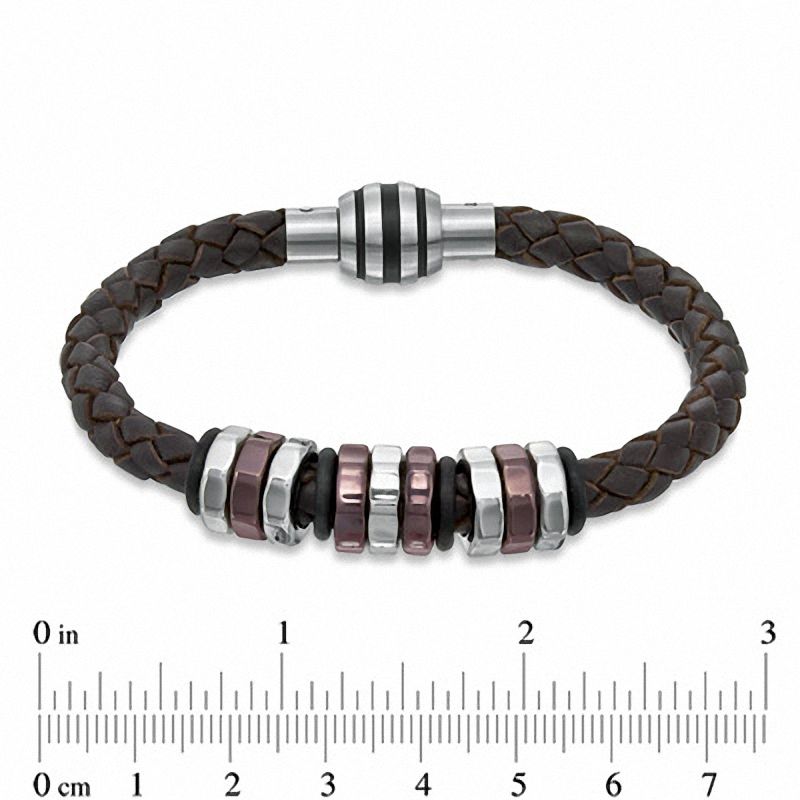 Main Image 2 of Brown Braided Leather and Two-Tone Stainless Steel Disc Bead Bracelet - 8.75"