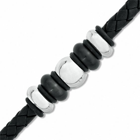 Black Braided Leather and Two-Tone Stainless Steel Bead Bracelet - 8.75"