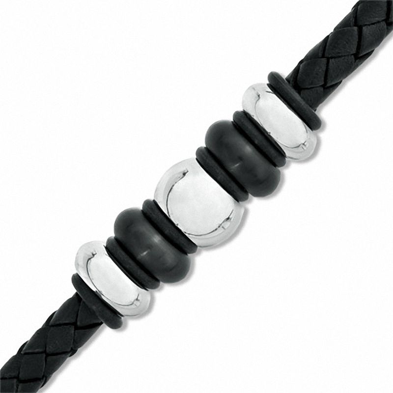 Men's Black Braided Leather and Two-Tone Stainless Steel Bead Bracelet - 8.75"