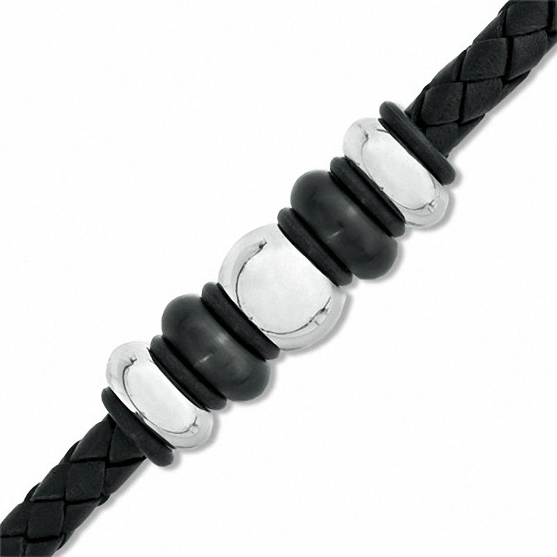Main Image 1 of Black Braided Leather and Two-Tone Stainless Steel Bead Bracelet - 8.75"