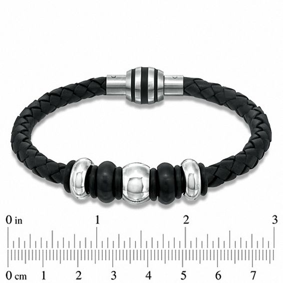 Black Braided Leather and Two-Tone Stainless Steel Bead Bracelet - 8.75"