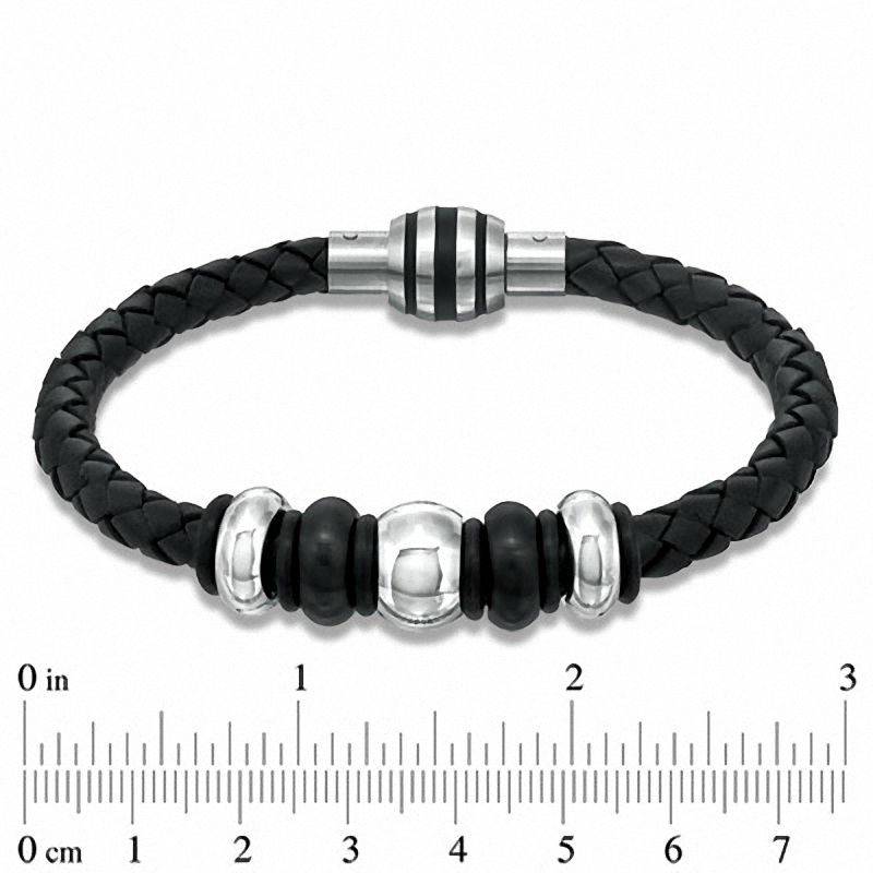 Main Image 2 of Black Braided Leather and Two-Tone Stainless Steel Bead Bracelet - 8.75"