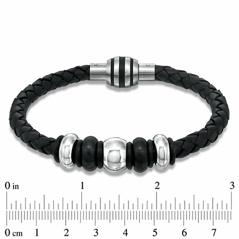 Men's Black Braided Leather and Two-Tone Stainless Steel Bead Bracelet - 8.75"