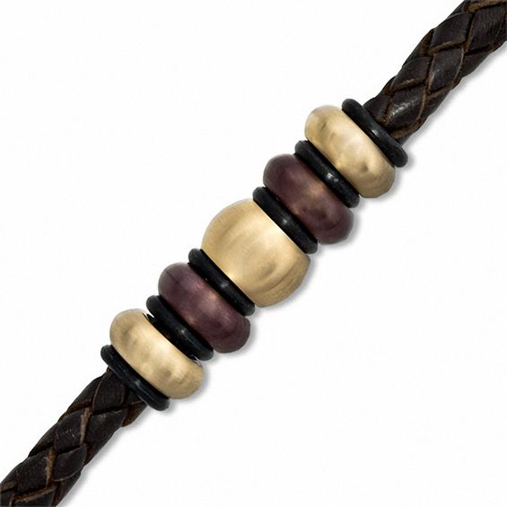 Brown Braided Leather and Two-Tone Stainless Steel Bead Bracelet - 8.75"
