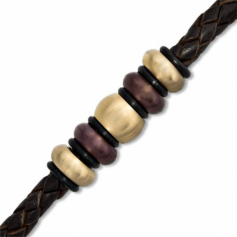 Main Image 1 of Brown Braided Leather and Two-Tone Stainless Steel Bead Bracelet  - 8.75"