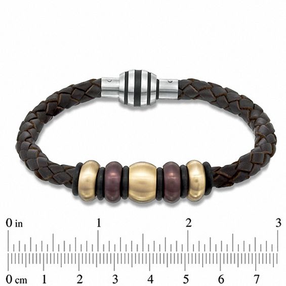 Brown Braided Leather and Two-Tone Stainless Steel Bead Bracelet - 8.75"