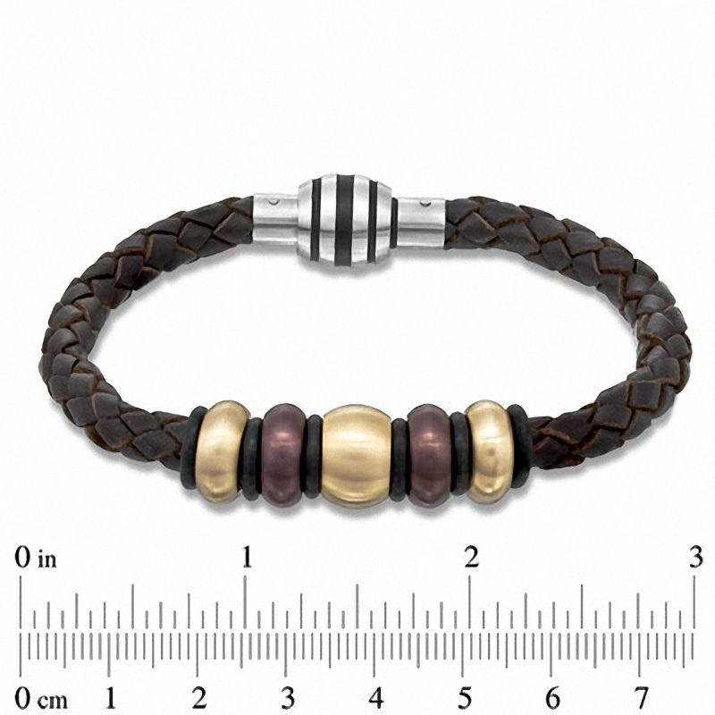 Main Image 2 of Brown Braided Leather and Two-Tone Stainless Steel Bead Bracelet  - 8.75"