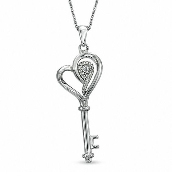 1/20 CT. T.w. Diamond Tilted Heart Key Pendant in Sterling Silver