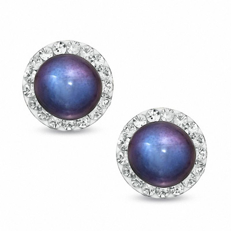 Main Image 1 of 5.75mm Black Freshwater Cultured Pearl and Crystal Earrings in 14K Gold