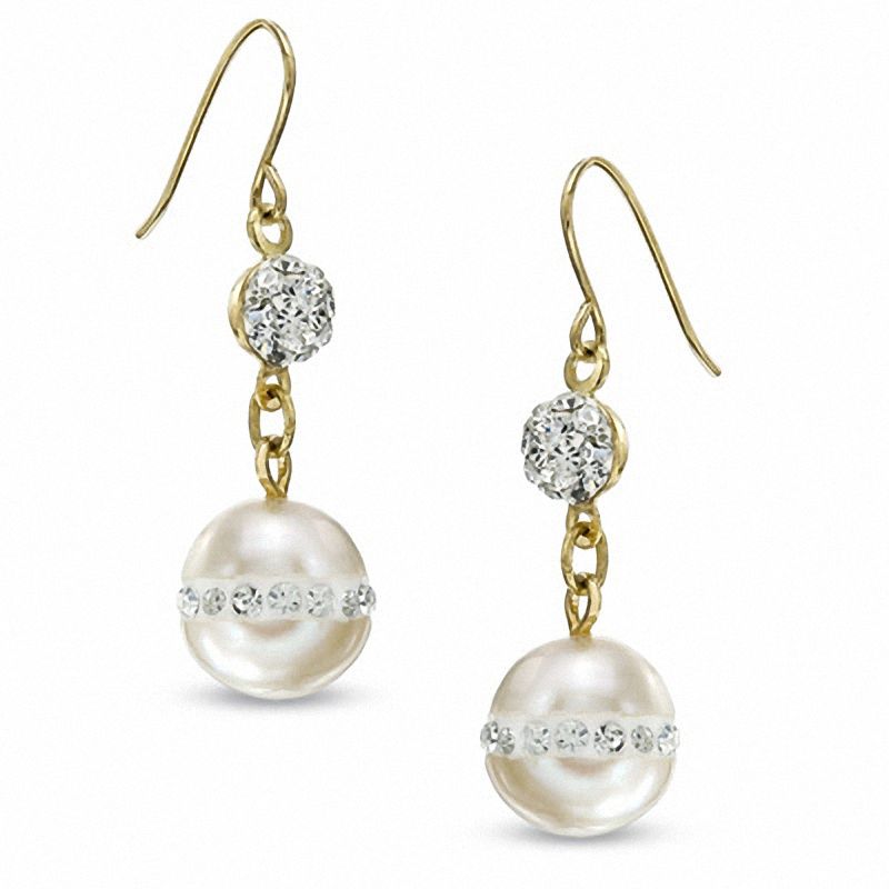 8.0mm Cultured Freshwater Pearl and Crystal Drop Earrings in 14K Gold