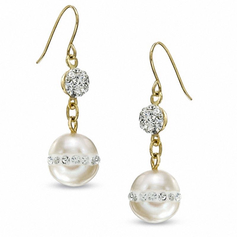 Main Image 1 of 8.0mm Freshwater Cultured Pearl and Crystal Drop Earrings in 14K Gold