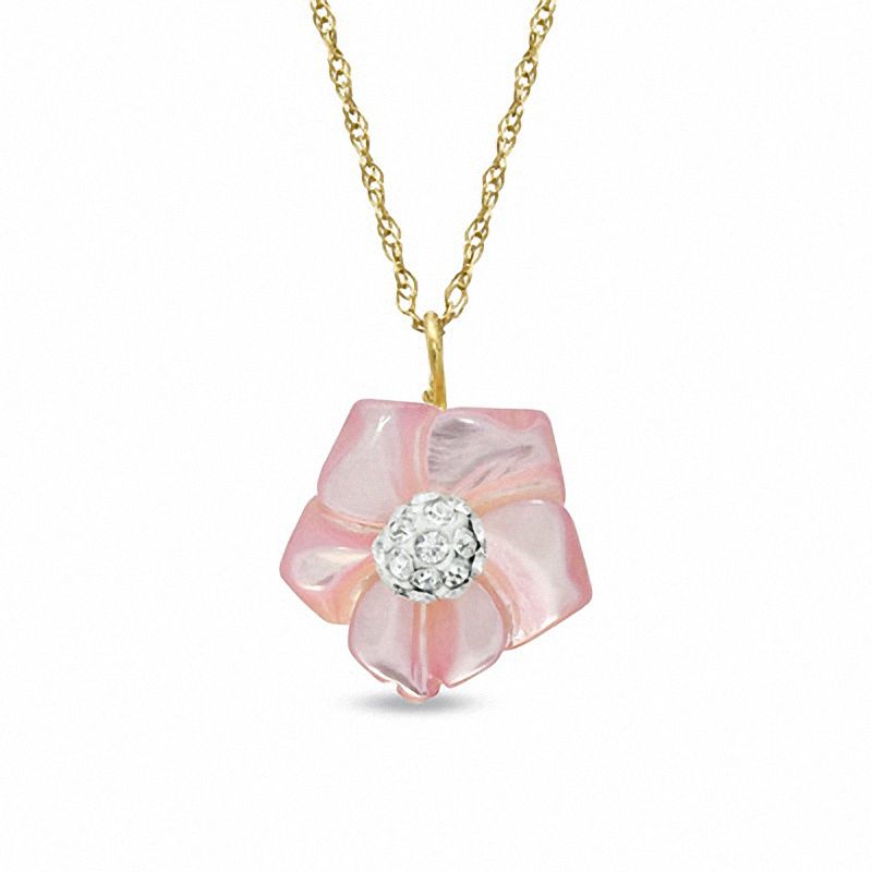 Main Image 1 of 10.0mm Light Pink Mother-of-Pearl and Crystal Flower Pendant in 14K Gold