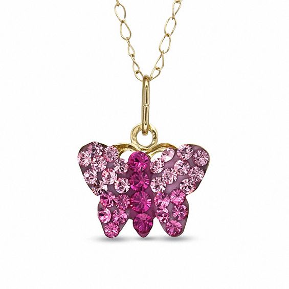 Child's Multi-Color Pink Crystal Butterfly Pendant in 14K Gold - 13"