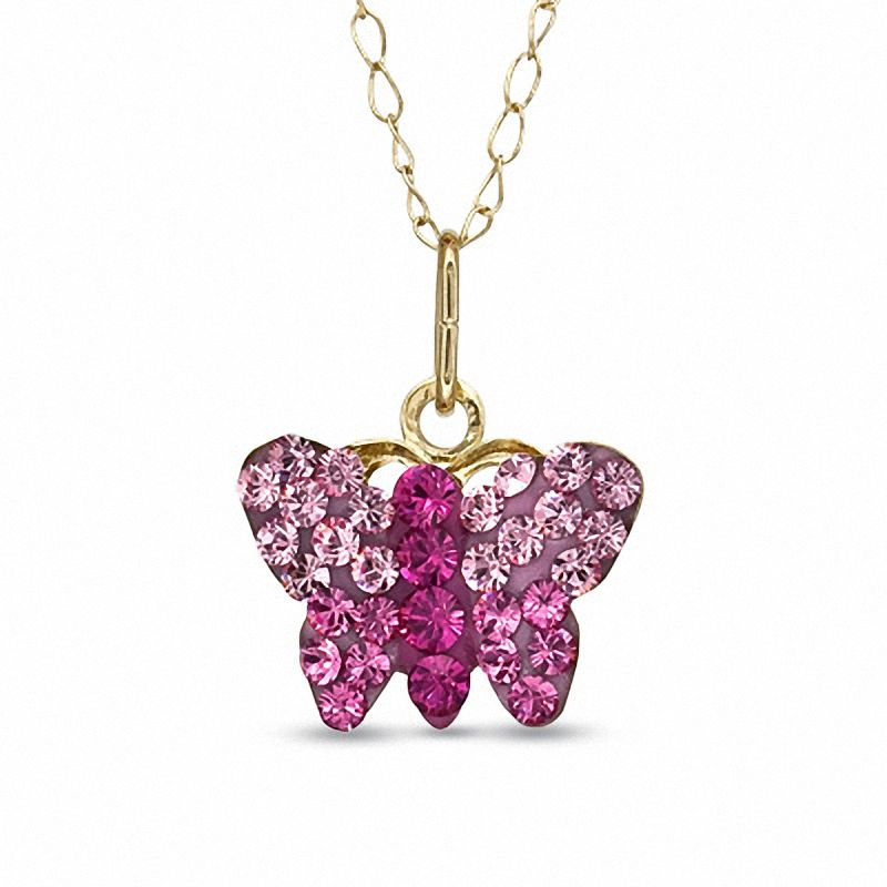 Main Image 1 of Child's Multi-Color Pink Crystal Butterfly Pendant in 14K Gold - 13"