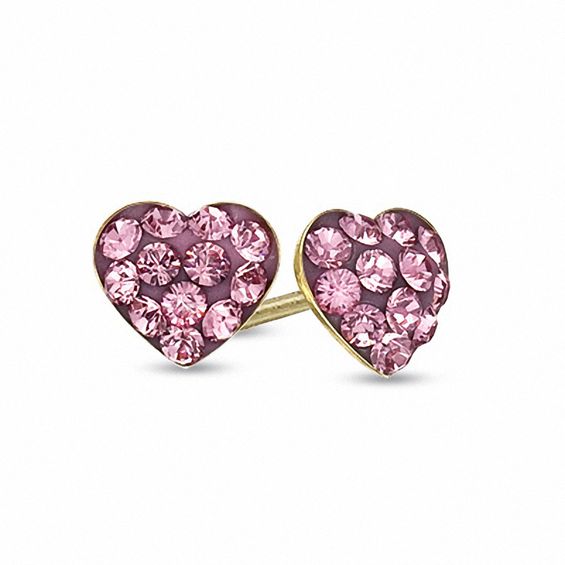Child's Rose Crystal Heart Earrings in 14K Gold
