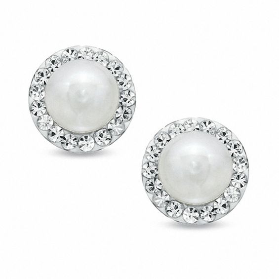 5.75mm Cultured Freshwater Pearl and Crystal Button Earrings in 14K Gold 5.75mm Cultured Freshwater Pearl and Crystal Button Earrings in 14K Gold