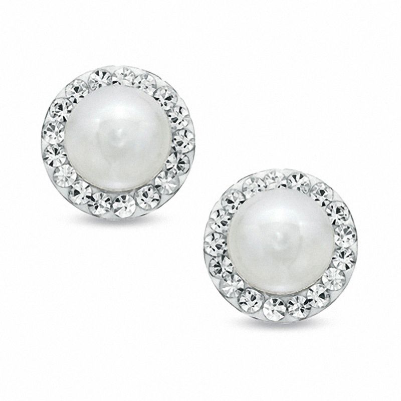 Main Image 1 of 5.75mm Freshwater Cultured Pearl and Crystal Button Earrings in 14K Gold