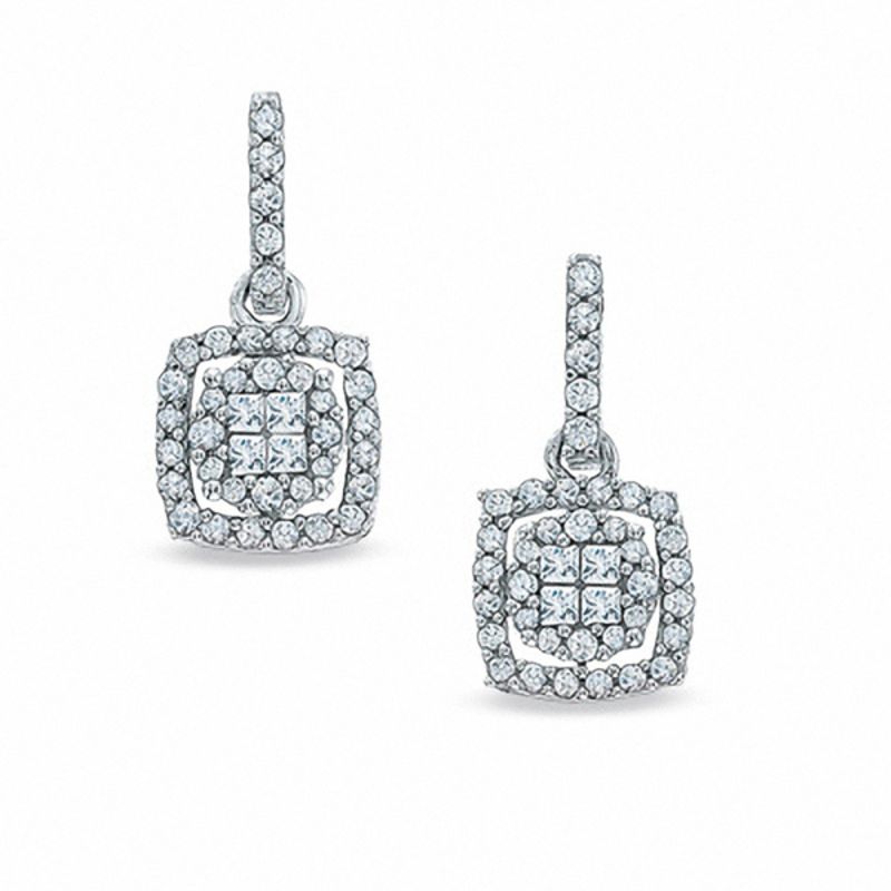 Main Image 1 of 1/2 CT. T.W. Quad Princess-Cut Diamond Frame Drop Earrings in 10K White Gold