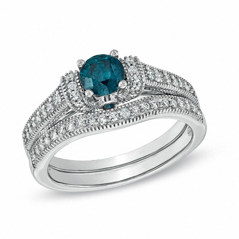Main Image 1 of 1 CT. T.W. Enhanced Blue and White Diamond Vintage-Style Bridal Set in 14K White Gold