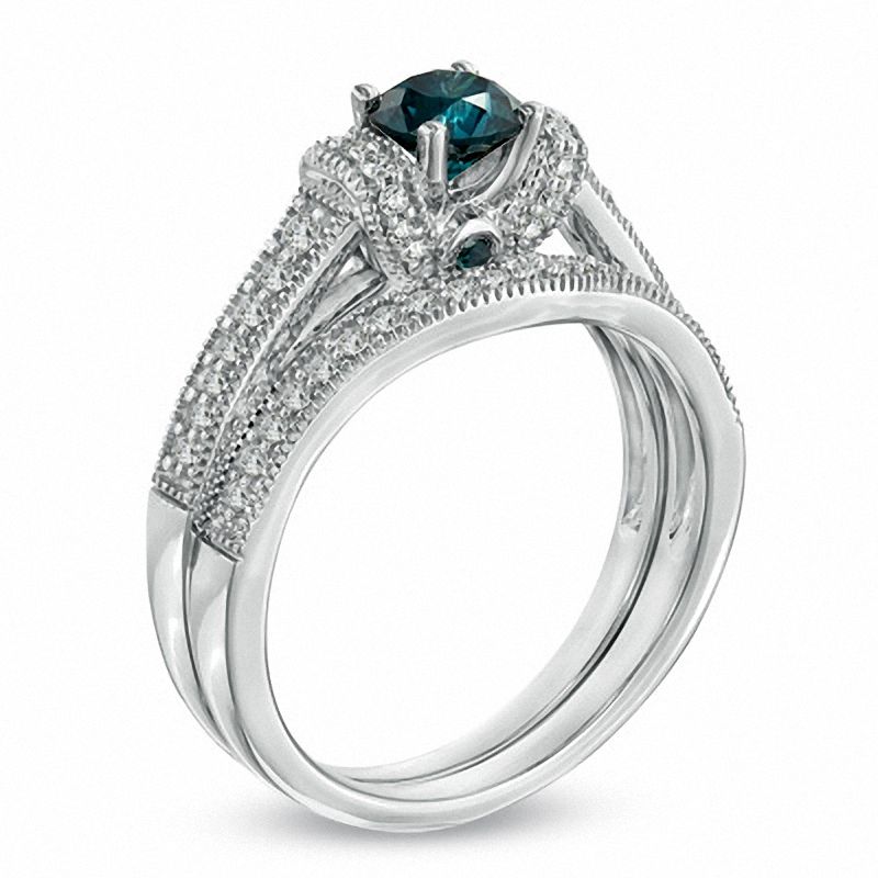 Main Image 2 of 1 CT. T.W. Enhanced Blue and White Diamond Vintage-Style Bridal Set in 14K White Gold