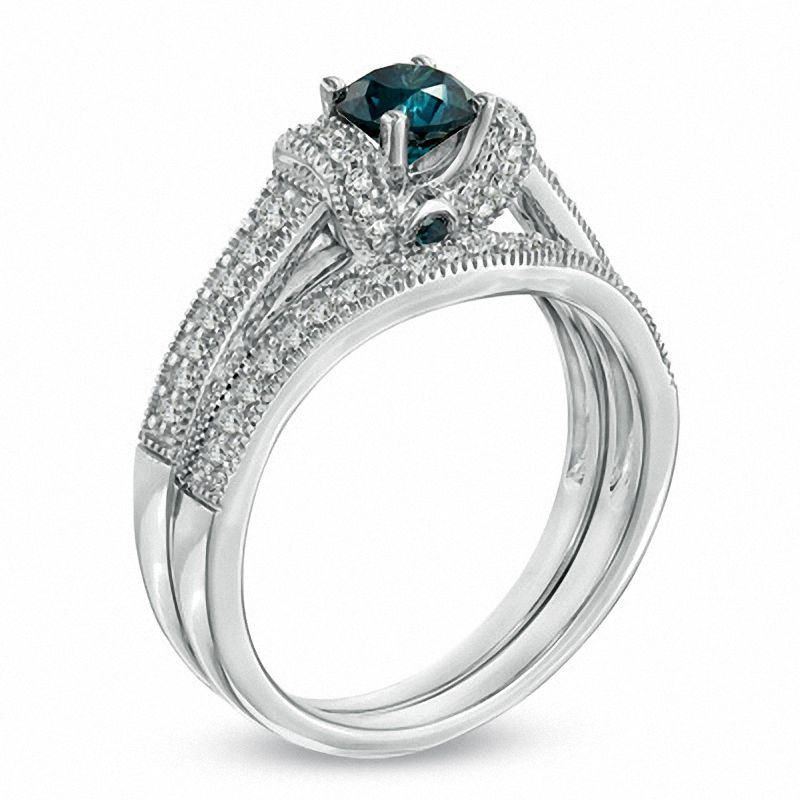 1 CT. T.W. Enhanced Blue and White Diamond Vintage-Style Bridal Set in 14K White Gold