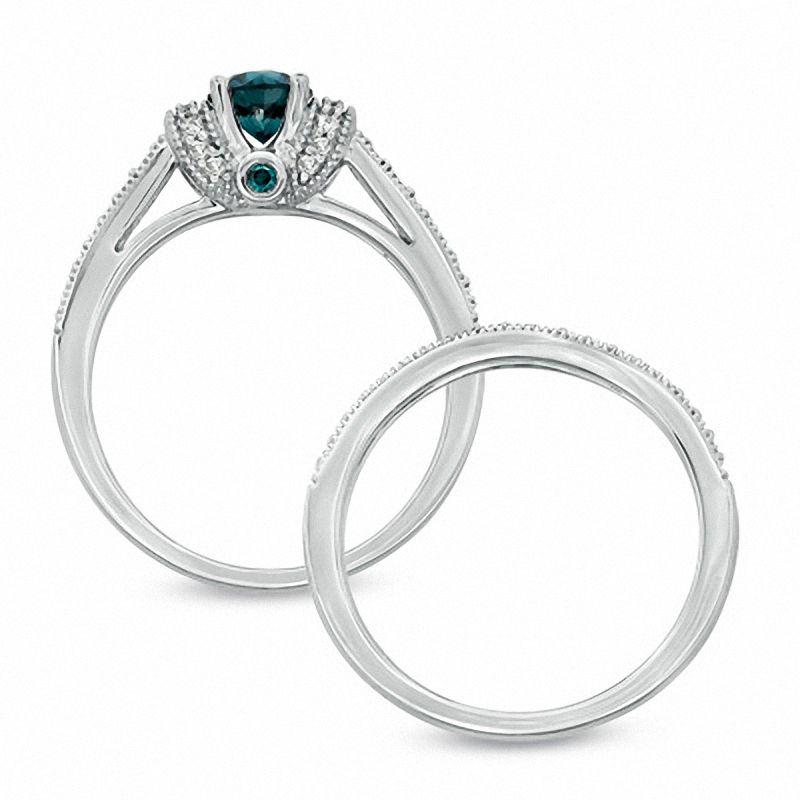 Main Image 3 of 1 CT. T.W. Enhanced Blue and White Diamond Vintage-Style Bridal Set in 14K White Gold