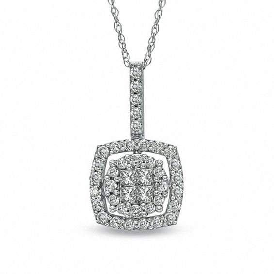 1/2 CT. T.w. Quad Princess-Cut Diamond Frame Drop Pendant in 10K White Gold