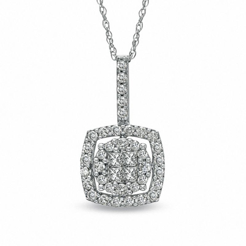 Main Image 1 of 1/2 CT. T.W. Quad Princess-Cut Diamond Frame Drop Pendant in 10K White Gold