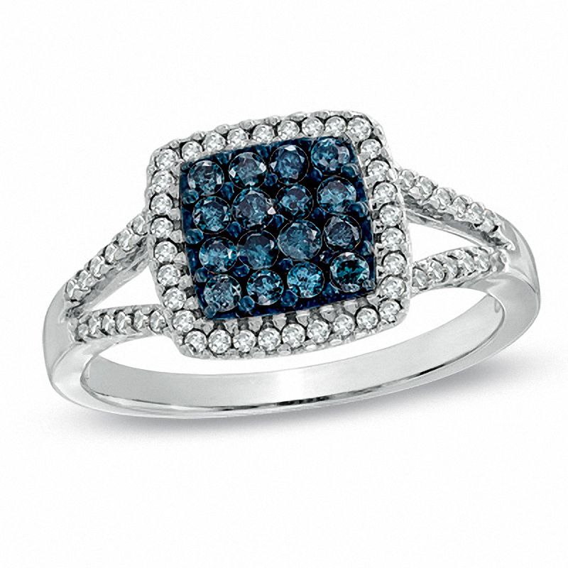 Main Image 1 of 1/2 CT. T.W. Blue and White Diamond Square Frame Ring in 10K White Gold