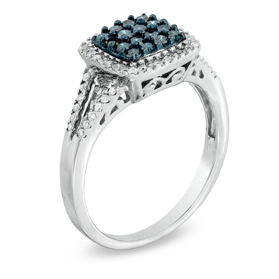 1/2 CT. T.w. Blue and White Diamond Square Frame Ring in 10K White Gold